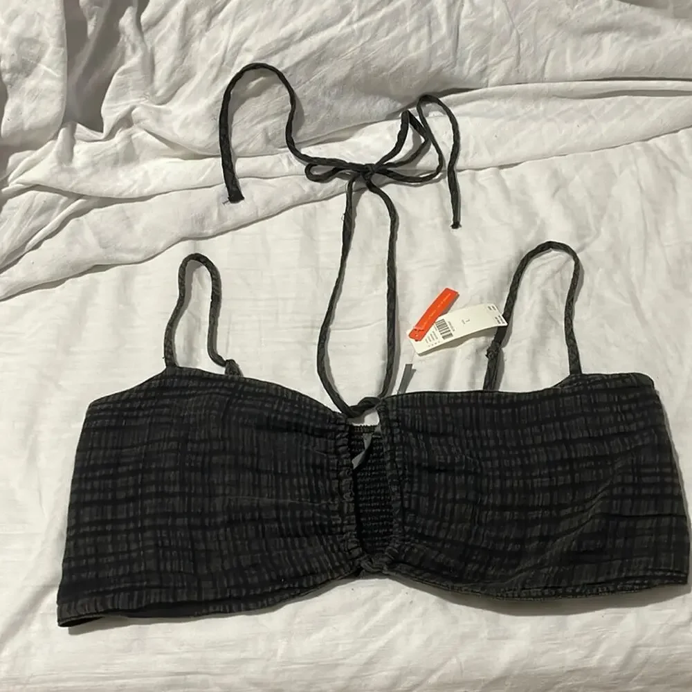 Anthropologie L grey black gauzy bandeu top straps elastic back NWT